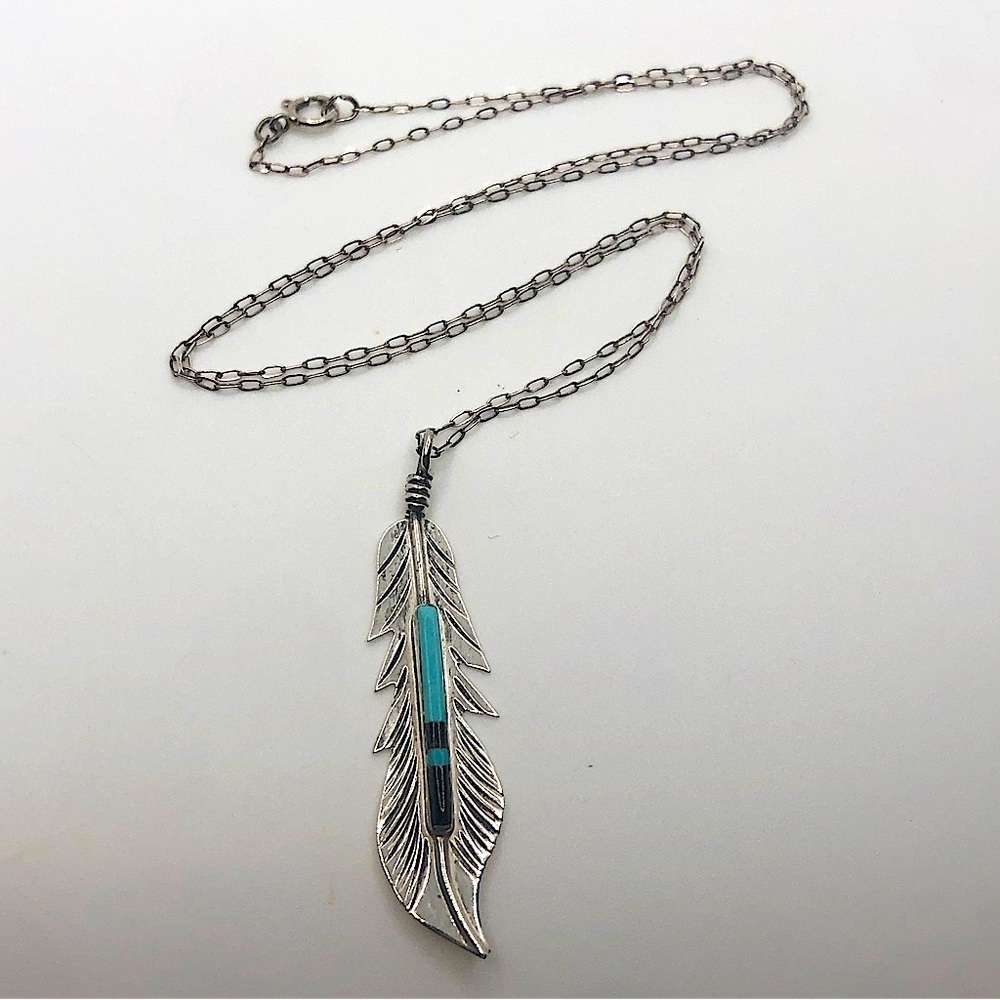 VTG Sterling Turquoise Onyx Inlay Feather Pendant w Chain Zuni Navajo 19” + 1.9”